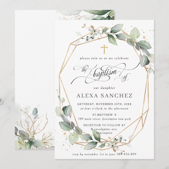 Greenery Leafy Foliage Baptism Geometric Invitation (Front/Back)