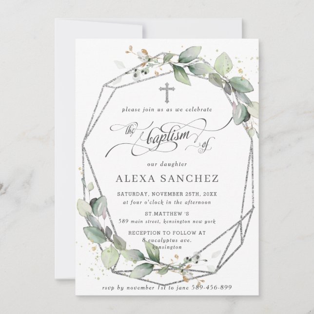 Greenery Leafy Foliage Baptism Silver Geometric Invitation (Front)