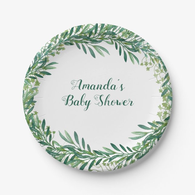 Greenery Leaves Baby Shower Personalized Paper Plate (Front)