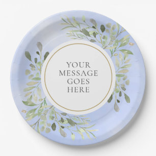 Greenery Leaves Blue Watercolor Celebration Paper Plate
