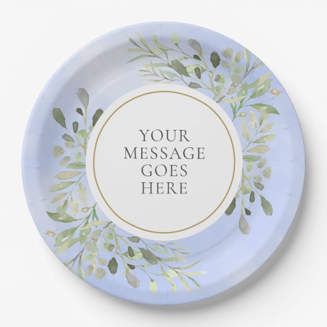 Greenery Leaves Blue Watercolor Celebration Paper Plate (Front)