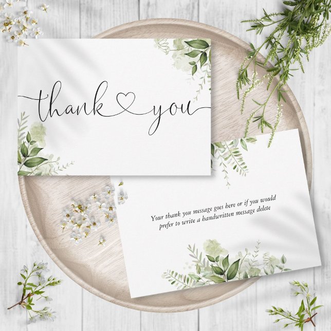 Greenery Leaves Botanical Elegant Script Heart Thank You Card (Greenery Leaves Botanical Elegant Script Heart Thank You Card)