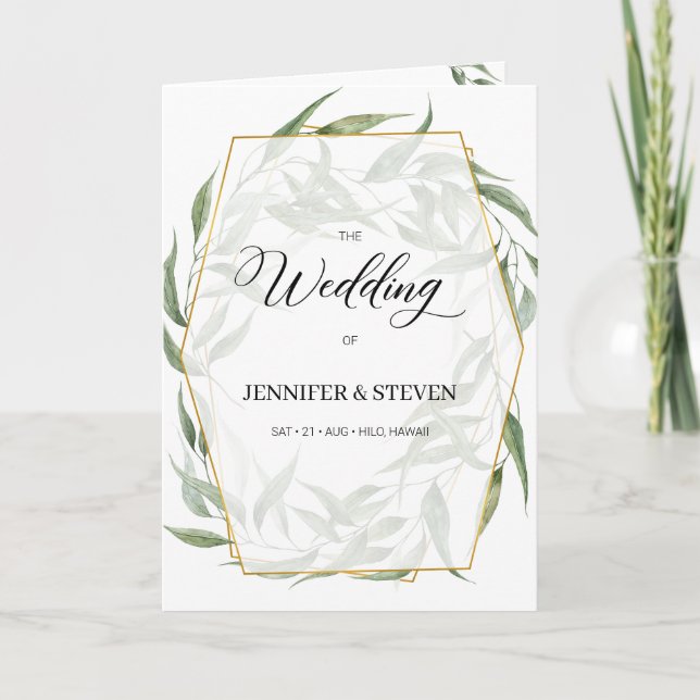 Greenery Leaves Calligraphy Wedding Folded Program (Front)