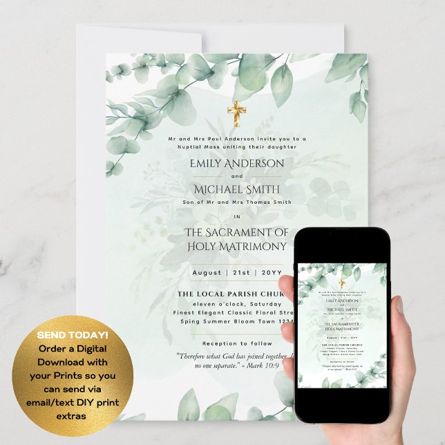 Greenery Leaves  Catholic Nuptial Mass Wedding Invitation (Creator Uploaded)