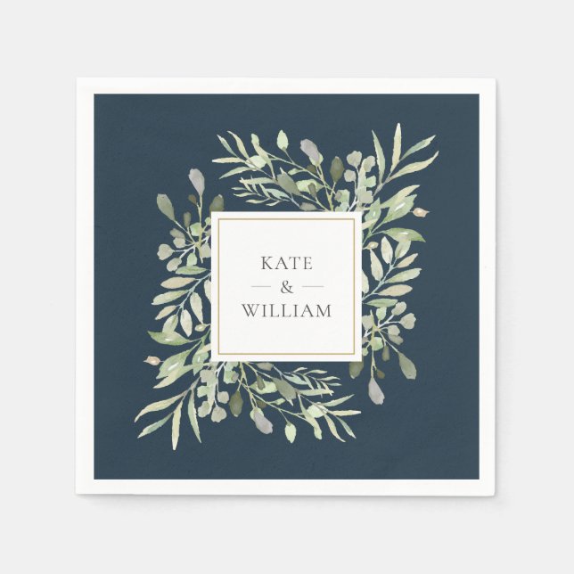 Greenery Leaves Deep Sea Blue Gold Wedding Napkin (Front)