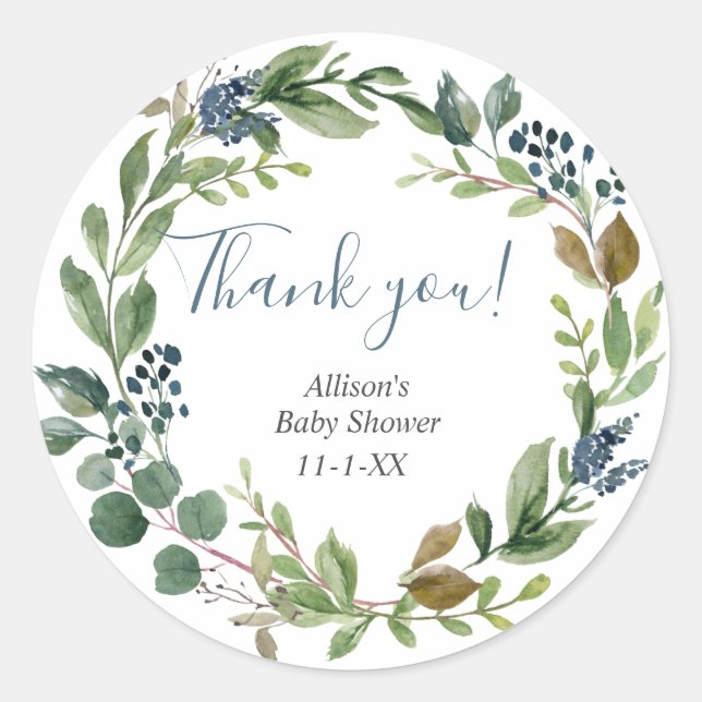 Greenery leaves dusty blue rustic floral foliage classic round sticker (Front)
