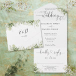 Greenery Leaves Elegant Script Hearts Wedding All In One Invitation<br><div class="desc">All in one elegant wedding invitation featuring greenery leaves and chic hearts script typography and monogram initials. The invitation includes a perforated RSVP card that can be individually addressed or left blank for you to handwrite your guest's address details. Designed by Thisisnotme©</div>