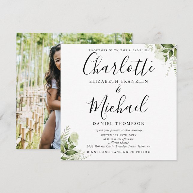 Greenery Leaves Elegant Script Photo Wedding  Invitation (Front/Back)