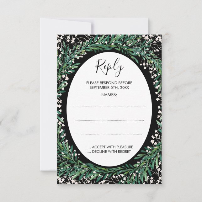 Greenery Leaves & Florets Monogram Black Reply RSVP Card (Front)