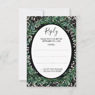 Greenery Leaves & Florets Monogram Black Reply RSVP Card