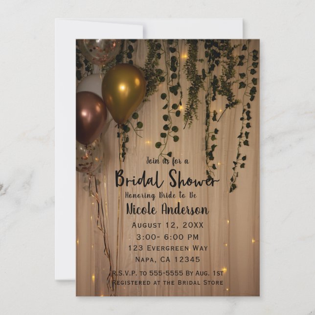 Greenery Leaves Golden Lights Rustic Bridal Shower Invitation (Front)