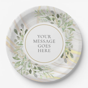 Greenery Leaves Marble Swirl Celebration Paper Plate
