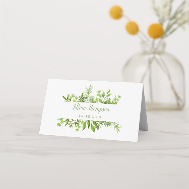 Greenery Leaves Minimal Wedding Place Card (Front)