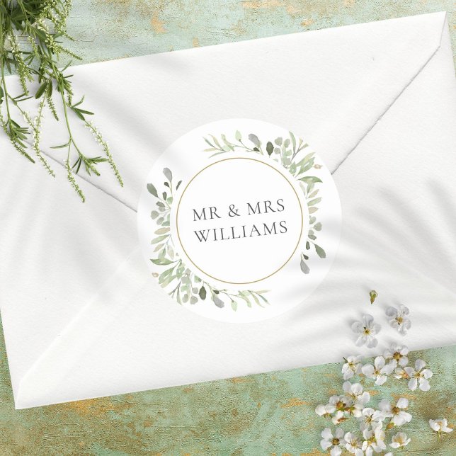 Greenery Leaves MR & MRS Wedding Favour Classic Round Sticker (Creator Uploaded)