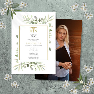 Greenery Leaves RN Nursing Graduation Photo Invitation