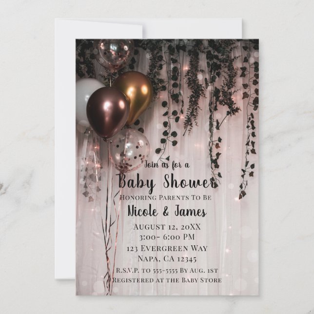 Greenery Leaves Rose Gold Lights & Ivy Baby Shower Invitation (Front)