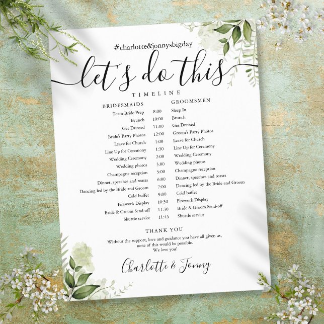 Greenery Leaves Script Wedding Schedule Timeline (Greenery Leaves Script Wedding Schedule Timeline)