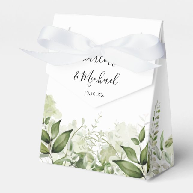 Greenery Leaves Signature Script Wedding Favor Box (Front Side)