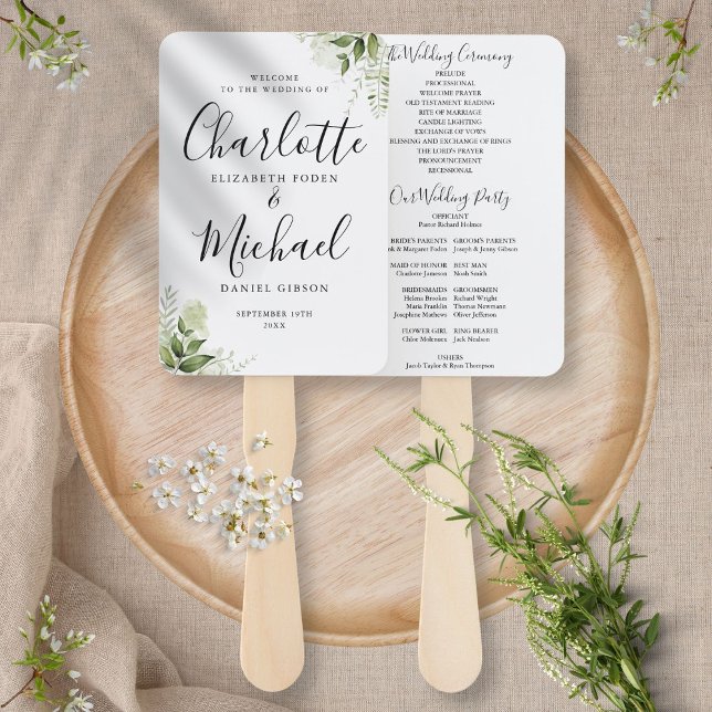 Greenery Leaves Signature Script Wedding Program Hand Fan (Creator Uploaded)