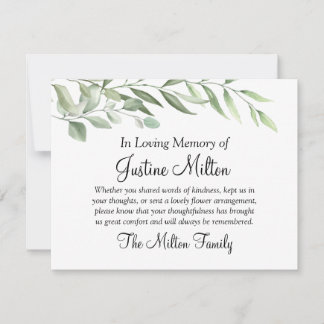 Greenery Leaves Sympathy Thank You Note Card
