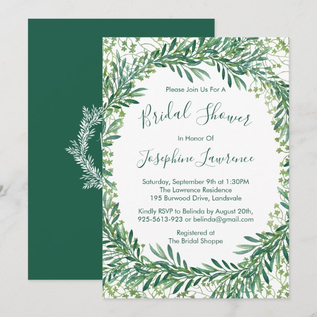 Greenery Leaves Watercolor Bridal Shower Invitation (Front/Back)