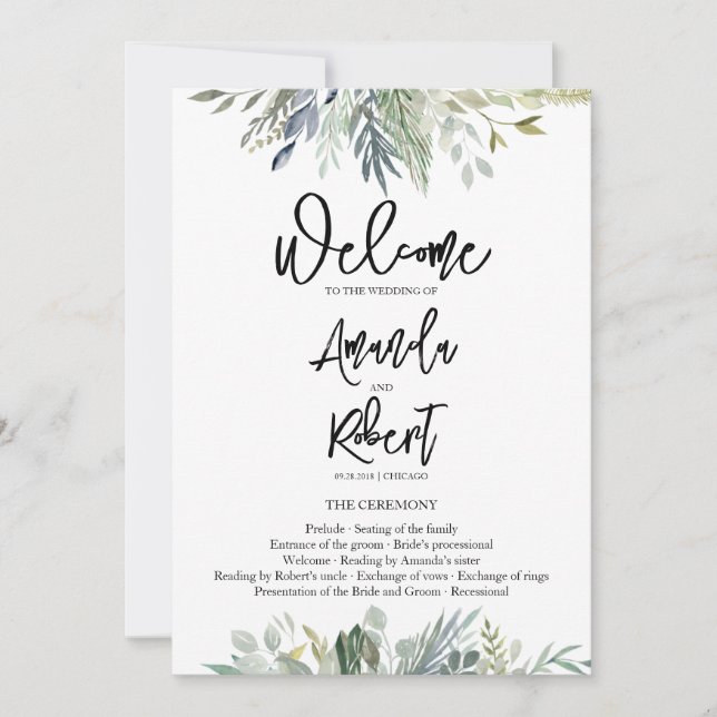 Greenery Leaves Wedding Ceremony Program (Front)