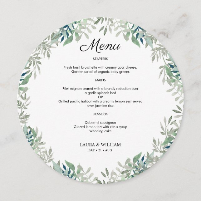 Greenery Leaves Wedding Round Menu For Plate (Front)