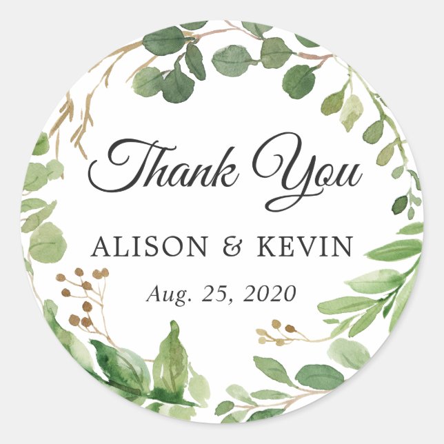 Greenery Leaves Wreath Wedding Favour Thank You Classic Round Sticker (Front)