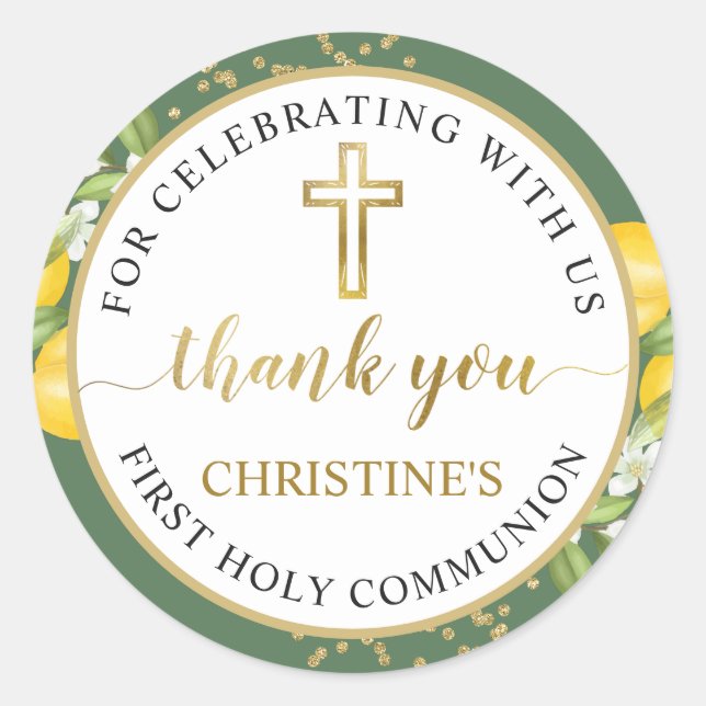 Greenery Lemon Gold Glitter Religious Thank You Classic Round Sticker (Front)