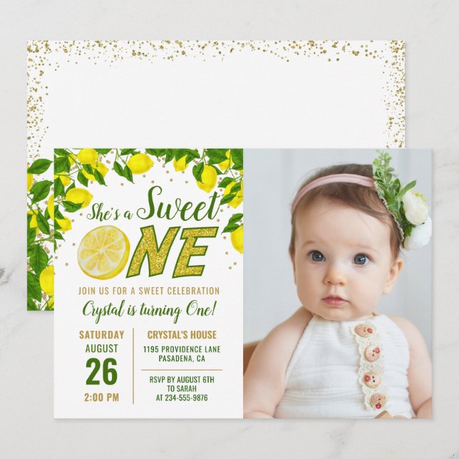 Greenery Lemon Sweet One First Birthday Photo Invi Invitation (Front/Back)