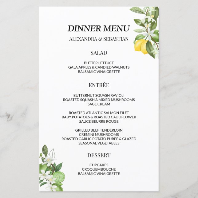 Greenery Lemony Wedding Dinner Menu (Front)