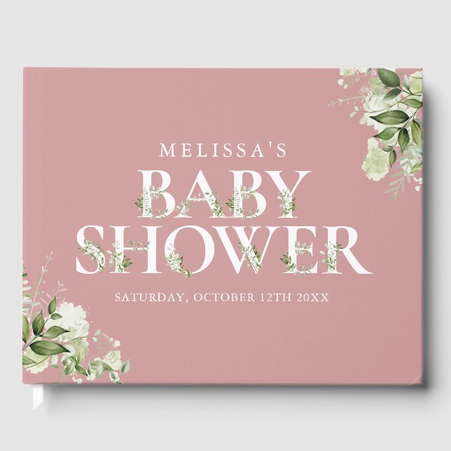 Greenery Letter Dusty Rose Pink Baby Shower Guest Book (Front)