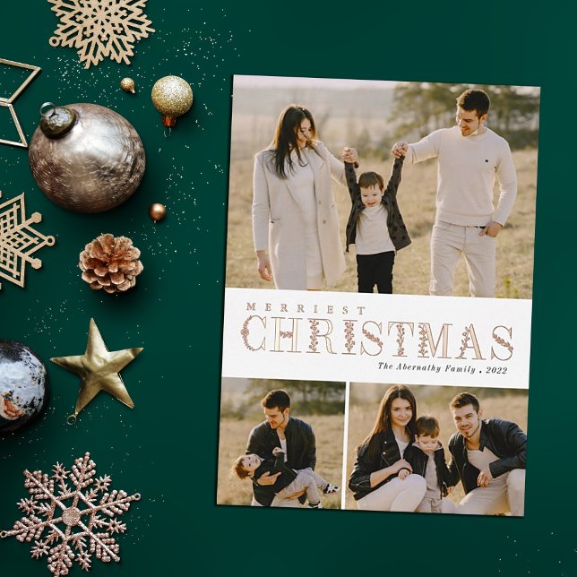 Greenery Letters 3 Photo Collage Christmas Foil Holiday Card (Creator Uploaded)