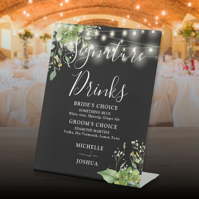 Greenery Lights Black And White Signature Drinks Pedestal Sign (Greenery Lights Black And White Signature Drinks Pedestal Sign)