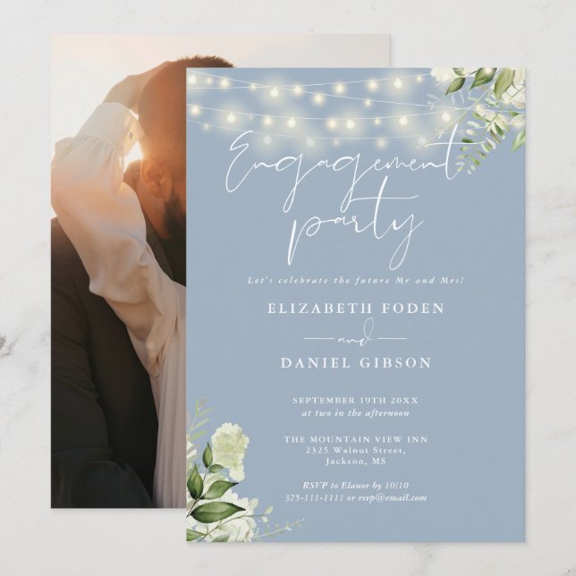 Greenery Lights Dusty Blue Photo Engagement Party Invitation (Front/Back)