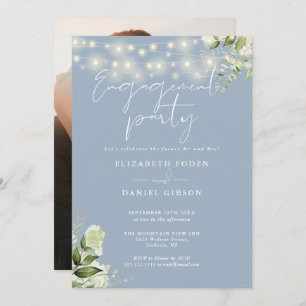 Greenery Lights Dusty Blue Photo Engagement Party Invitation