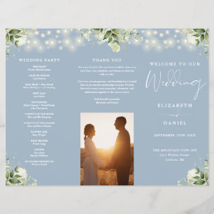 Greenery Lights Dusty Blue Trifold Wedding Program