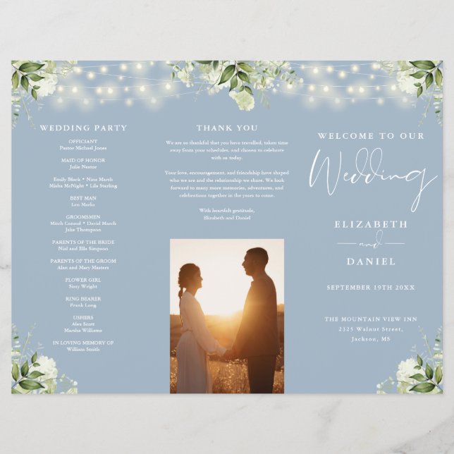 Greenery Lights Dusty Blue Trifold Wedding Program (Front)