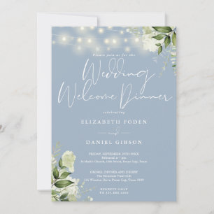 Greenery Lights Dusty Blue Wedding Welcome Dinner Invitation