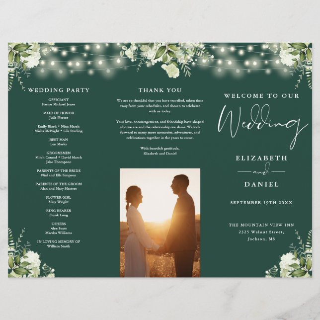 Greenery Lights Emerald Trifold Wedding Program (Front)