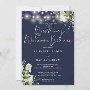 Greenery Lights Navy Blue Wedding Welcome Dinner Invitation