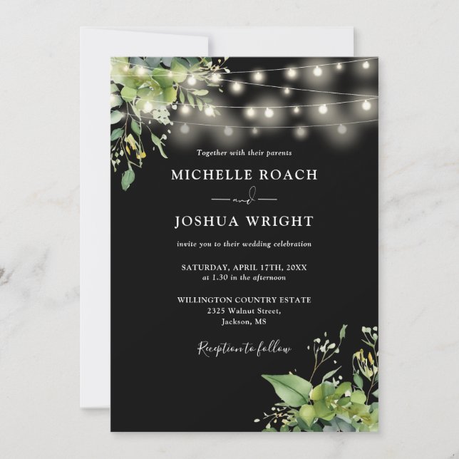 Greenery Lights Photo Black And White Wedding Invitation (Front)