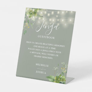 Greenery Lights Sage Green Jenga Wedding Guestbook Pedestal Sign