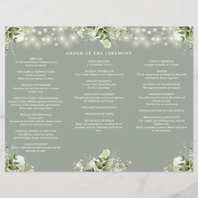 Greenery Lights Sage Green Trifold Wedding Program (Back)