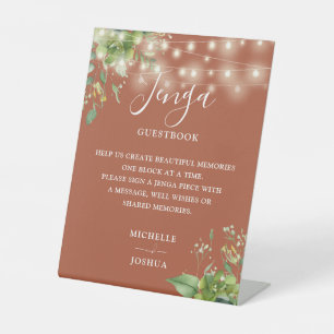 Greenery Lights Terracotta Jenga Wedding Guestbook Pedestal Sign