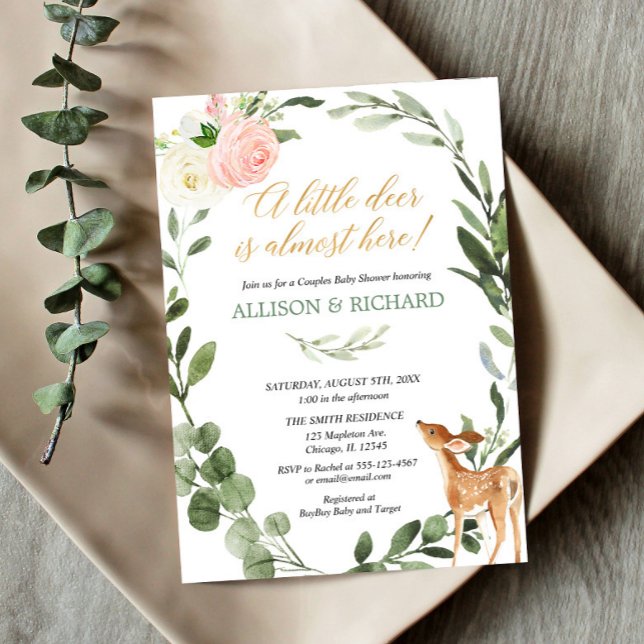 Greenery little deer couples baby shower pink gold invitation (Creator Uploaded)