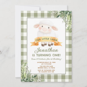 Greenery Little Lamb First Birthday Boy Sage Green Invitation