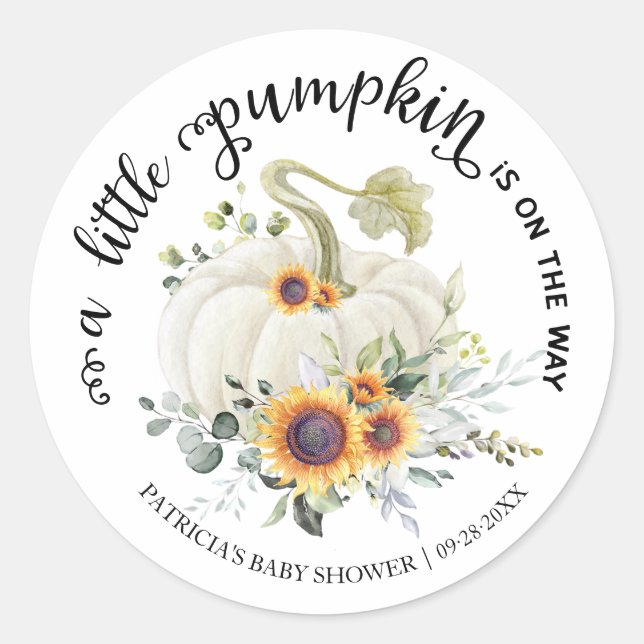 Greenery Little Pumpkin Fall Baby Shower Classic Round Sticker (Front)