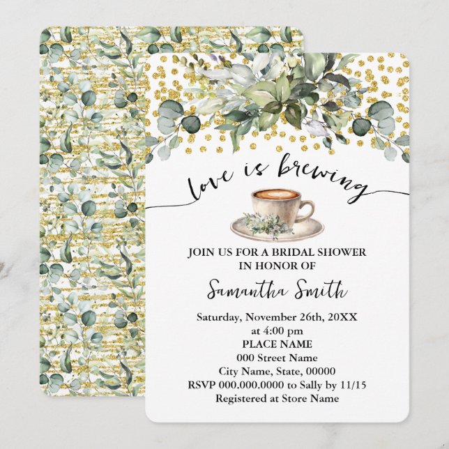Greenery Love is Brewing Bridal Shower Coffee Bar Invitation (Front/Back)
