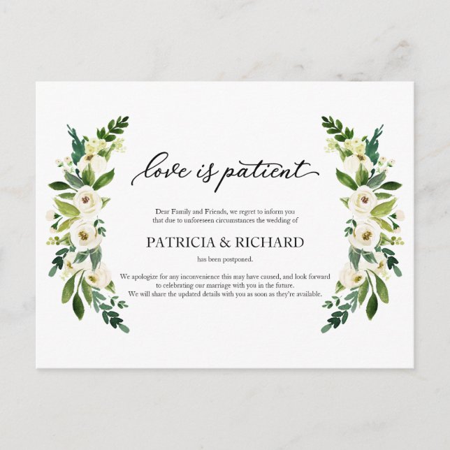 Greenery Love Is Patient Wedding Postponement Postcard (Front)